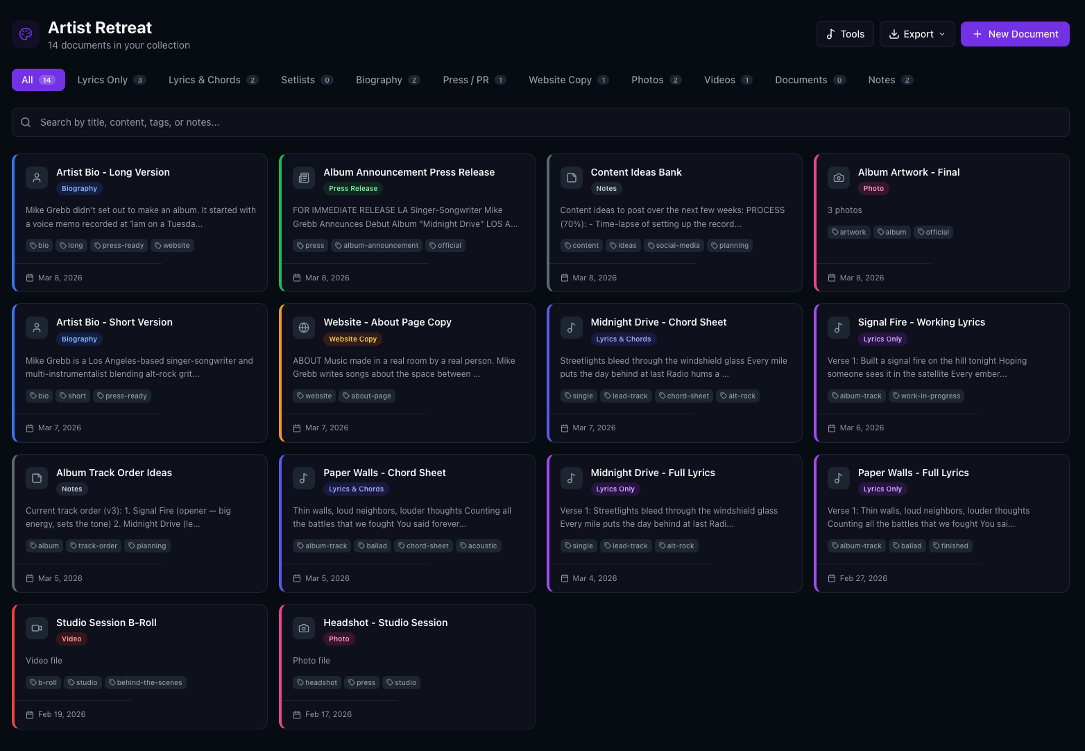 Artist Retreat with documents, lyrics, and creative notes